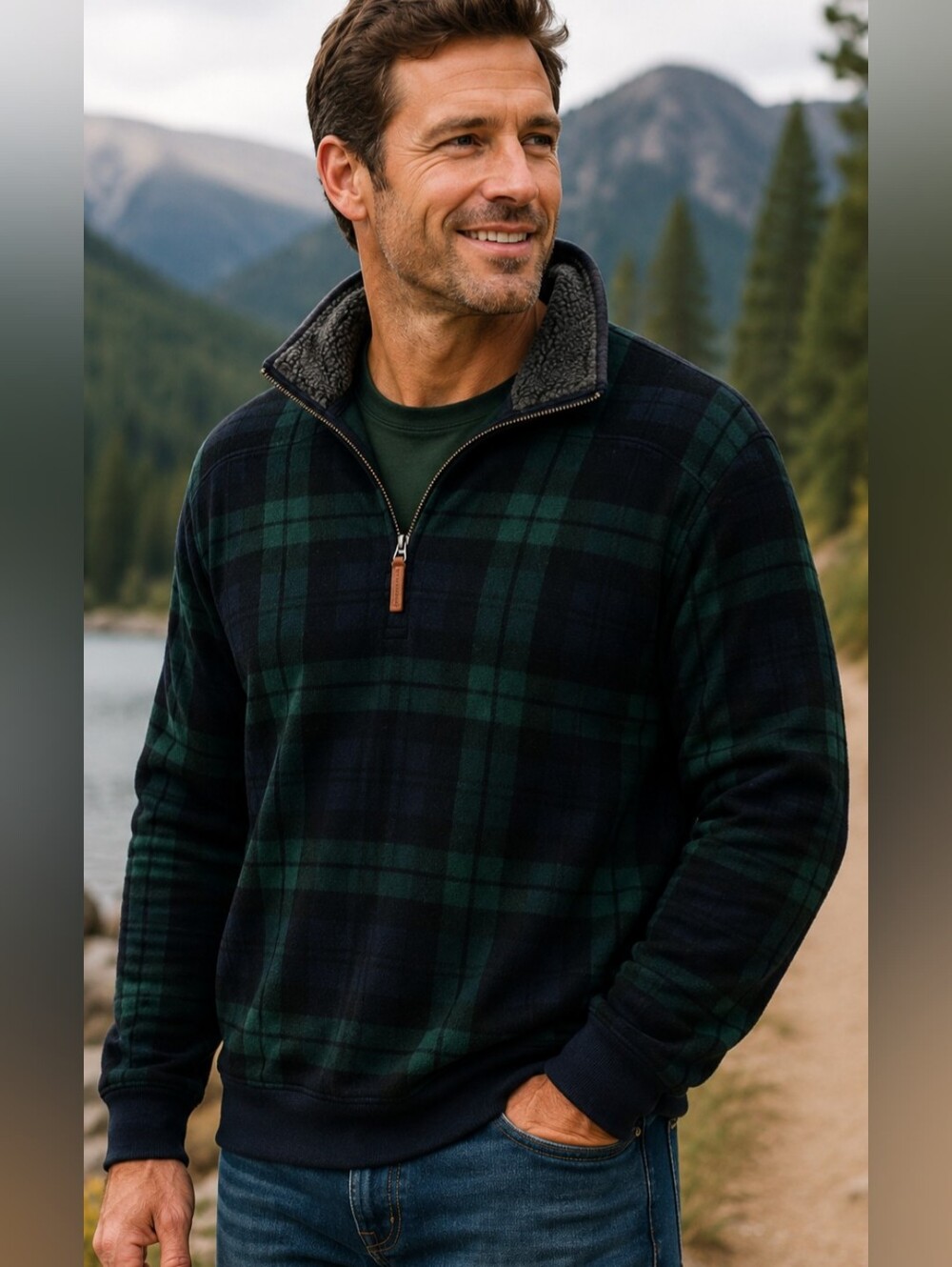 Lands' End Plaid Sherpa Lined Quarter Zip Pullover Blackwatch Outdoor Cozy